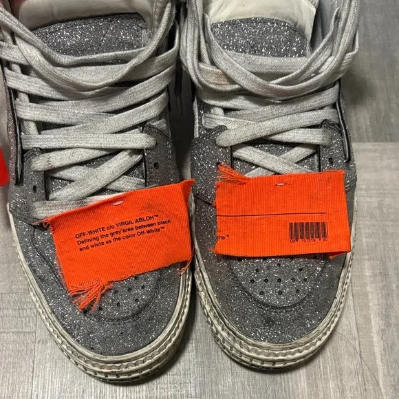 Off-White Glitter Gray Sneakers with Vibrant Orange Tags - Picture 3 of 9